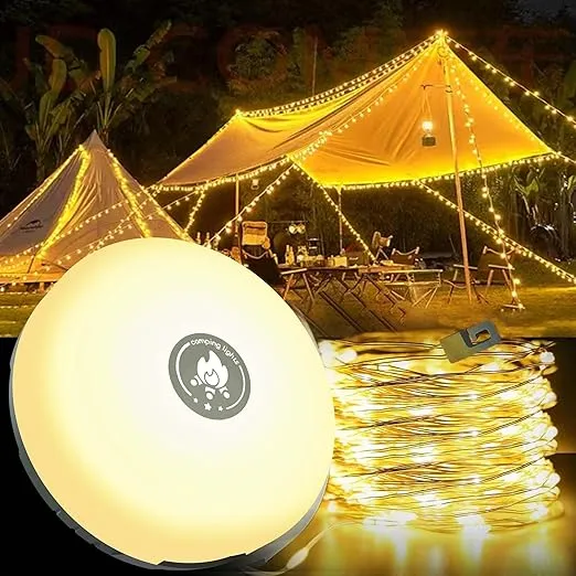 Camping String Lights,4 in 1 Outdoor String Lights with 8 Lighting Modes,Lasts Up to 15 hrs,Portable Camping Lantern Rechargeable,Power Bank,Yard,Hiking,Decoration,Holiday Christmas(32.8FT)