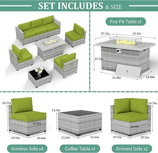 8-Piece Patio Furniture Set With Fire Pit Table, With 5" High-Resiliency Seat Cushions Light Grey Outdoor Modular Wicker Conversation Set, With 43in 55,000 Btu Propane Gas Fire Pit Table,Grass Green