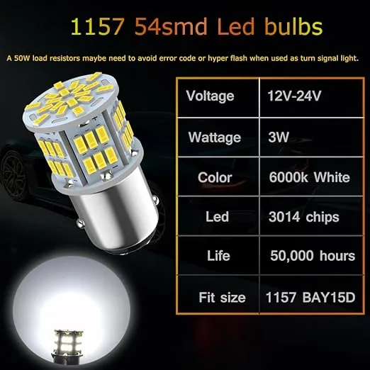 1157 Led Brake Light Bulb, 12V-24V 1157 7528 2357 2057 BAY15D LED Replacement Light Bulb for Brake Tail Light for Car RV Trailer Boat, 54SMD 3014 Chipset White light, 2PCS