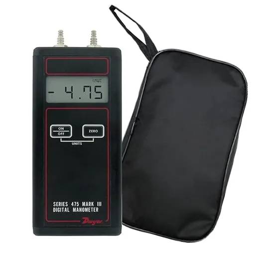 Dwyer 475-0-FM Digital Manometer + Soft Carry Case. Fast, Accurate Positive, Negative, Differential Pressure Readings. Range 0-10.00 inch w.c. Intrinsically Safe. Air or Natural Gas. Large LCD.