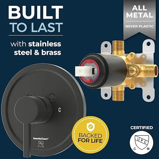HammerHead Showers® ALL METAL Single-Handle Shower Valve and Trim Kit Matte Black – Volume and Temperature Control - Rough-In Shower Trim Kit with Valve - Pressure Balance Shower Valve Included