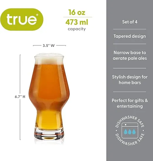True Beer Glasses Stouts, Pilsners, IPAs, Drinking Cups, Hosting, Birthday, Game Night, BBQ, Outdoor Parties, Glassware, Drinkware, 16 oz, Set of 4, Clear