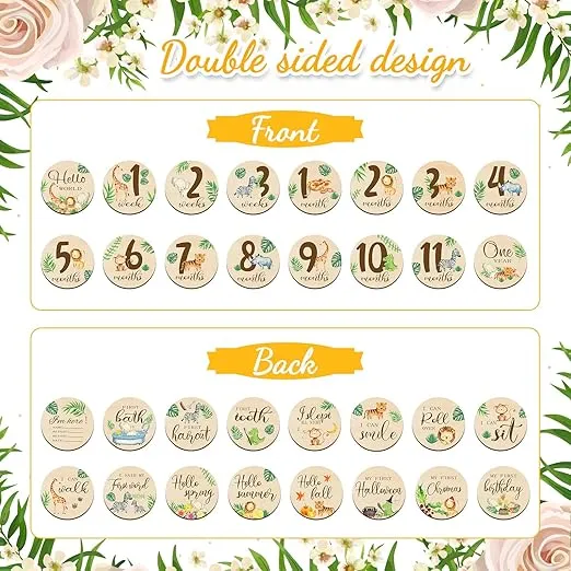 16 Pieces Wooden Baby Monthly Milestone Cards Baby Monthly Milestone Marker Discs Double Sided Monthly Milestone Wooden Circles Baby Months Signs for Baby Shower Newborn Photo Props(Jungle Animal)