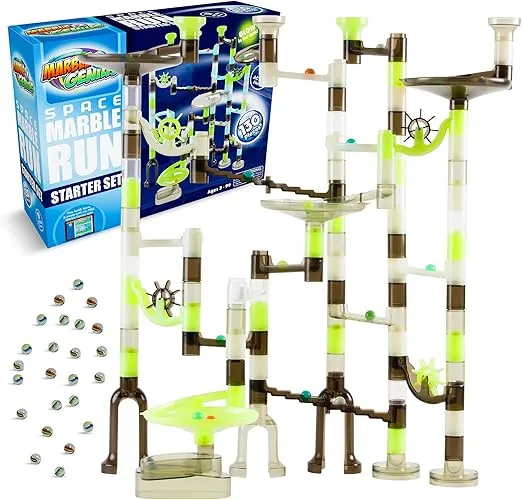 Marble Genius Marble Run Starter Set STEM Toy for Kids Ages 4-12 - 130 Complete Pieces (80 Translucent Marbulous Pieces and 50 Glass Marbles), Construction Building Block Toys, Theme (Space)