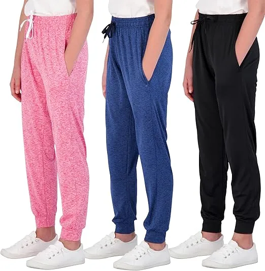 Real Essentials 3 Pack: Girls' Dry-Fit Jogger Sweatpants Soft Active Athletic Kids Joggers with Pockets & Drawstring