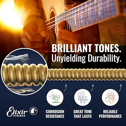 Elixir Strings, Acoustic Guitar Strings, Phosphor Bronze with NANOWEB Coating, Longest-Lasting Rich and Full Tone with Comfortable Feel, 6 String Set, Light 12-53