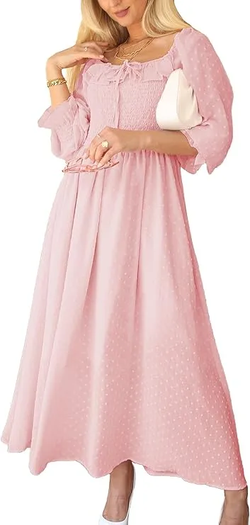 Anna-Kaci Vintage Dress Casual Long Puff Sleeve High Waist Smocked Chiffon Lace Flowy Summer Dress for Women