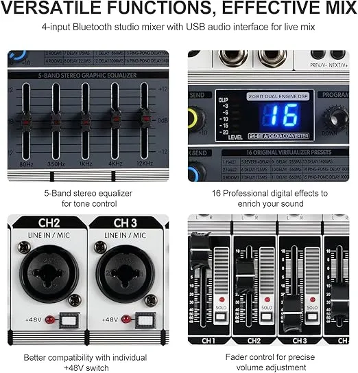 Professional Audio Mixer, Phenyx Pro Sound Mixer w/USB Audio Interface, 4-Channel Sound board Dj Mixer w/Stereo Equalizer, 16 DSP Effects, suitable for Stage, Live Gigs, and Karaoke (PTX-15)
