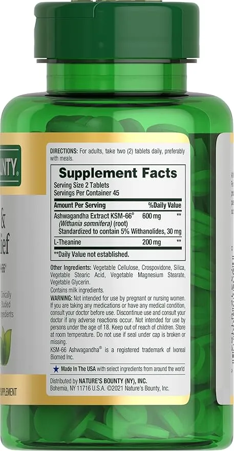 Nature's Bounty Stress Relief, Ashwagandha KSM-66, Supports Occasional Stress Relief, Dietary Supplement, Tablets, 90 Ct