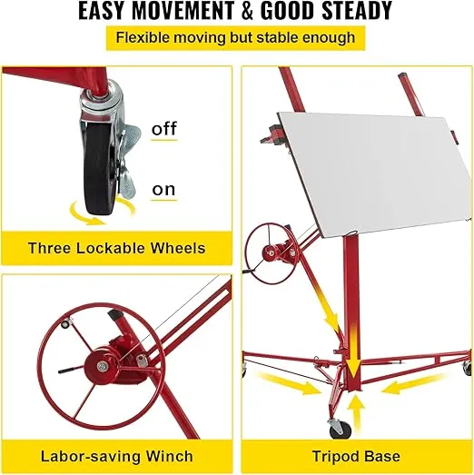 VEVOR Drywall Rolling Lifter Panel, 11ft Sheetrock Lift Drywall Lift, 150lb Weight Capacity Panel Hoist Jack Tool, Steel Material w/Telescopic Arm & 3 Lockable Wheels, 48x192 in Plasterboard Size