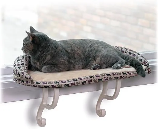 K&H Pet Products Deluxe Kitty Sill w/ Bolster Cat Window Bed, Cat Window Perch for Large Cats, Cat Window Hammock, Cat Window Seat, Window Cat Bed, Cat Perch Cat Hammock –Tan Kitty Print