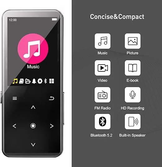 128GB MP3 Player with Bluetooth 5.2, Music Player Built-in Speaker, FM Radio, Voice Recorder, HiFi Sound, E-Book Function, Earphones Included