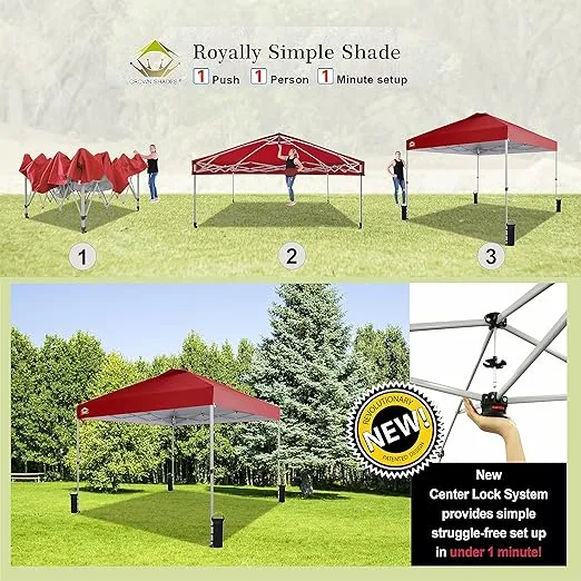 CROWN SHADES 10x10 Pop Up Canopy - Beach Tent with One Push Setup - Easy Outdoor Sun Shade for Events, Parties, Camping - Gazebo with STO-N-Go Cover Bag, Silver Coated Top, Red