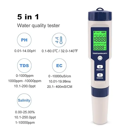 PH Meter for Water 5 in 1 PH Temp TDS and EC Meter,Salinity Meter,PH Tester Digital,TDS Meter Digital Water Tester&Pool Salt Tester for Swimming Pool.