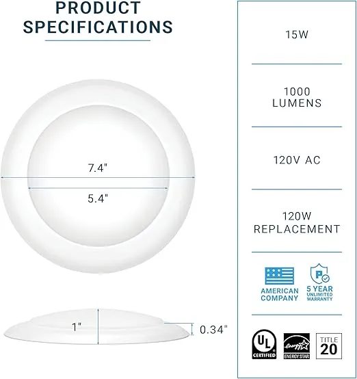 PARMIDA (4 Pack) 5/6 Inch Dimmable LED Disk Light Surface Flush Mount 15W, UL Listed, Recessed Retrofit Ceiling Lights, Energy Star, Installs into Junction Box Or Recessed Can, 1050lm - 3000K