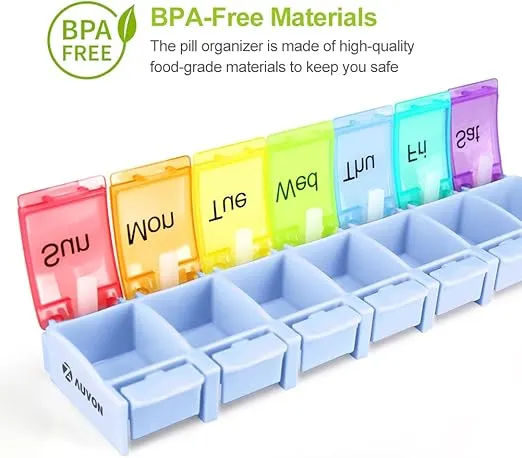 AUVON Weekly Pill Organizer Arthritis Friendly, BPA Free Travel 7 Day Pill Box Case with Spring Open Design and Large Compartment to Hold Vitamins, Cod Liver Oil, Supplements and Medication
