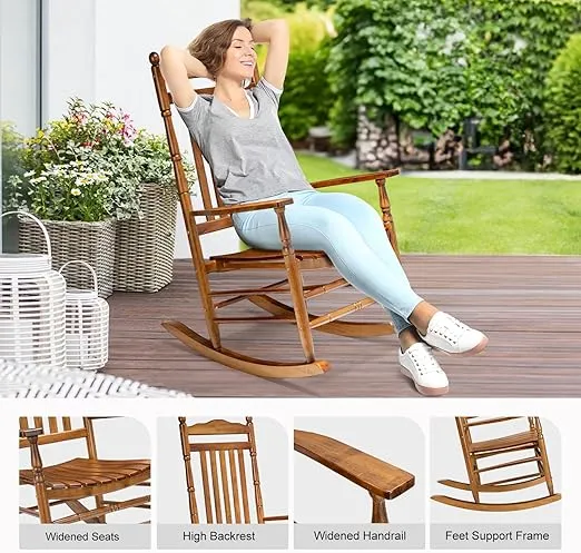 VINGLI Wood Rocking Chair Outdoor with 450 lbs Support Relaxing Rocker Solid Wood High Back Seat Reclining Seat for Deck, Garden, Backyard, Porch, Indoor or Outdoor Use, Teak