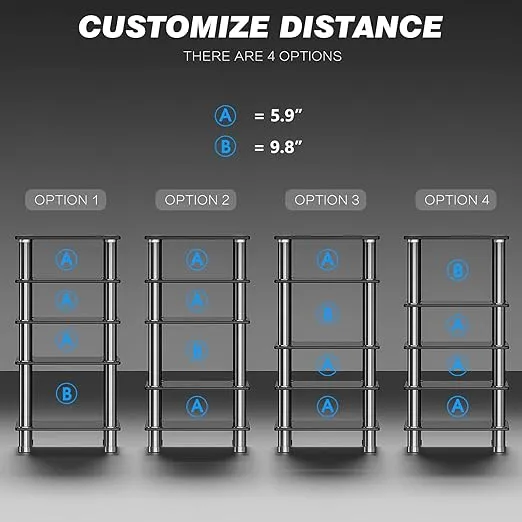Audio-Video Media Stand with 5-Tier Tempered Glass Shelves, Modern AV Cabinet with Ample Storage for Entertainment Stereo Components, Sturdy Audio Rack Stand Tower for Living, Gaming, Recording Room.