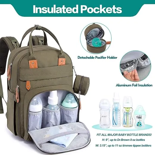 BabbleRoo Baby Diaper Bag Backpack - Army Green, Unisex, Waterproof, Multi-function, 26L Capacity, Changing Pad, Stroller Straps, Pacifier Case, Easy Access Zipper Pockets