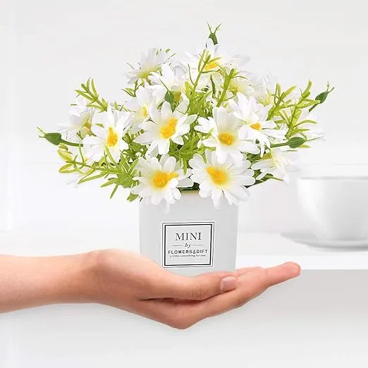 AIFUSI Artificial Flowers, Faux Flowers in Vase Small White Daisy Decor Mini Silky Artificial Daisies Fake Plant Flower Decor for Home Decor Indoor Centerpiece Table Decorations