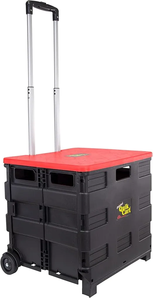dbest products Quik Cart Collapsible Rolling Crate on Wheels for Teachers Tote Basket 80 lbs Capacity, Made from Heavy Duty Plastic and used as a Seat, Standard, Red