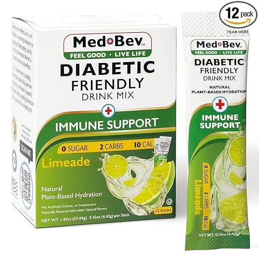 MedBev-Natural Limeade Drink Mix Low Carb Sugar Free Low Cal Diabetic Friendly 13 Vitamins & Minerals Electrolytes Immune Support on the go Powder Packs 1 Box-12 Sticks
