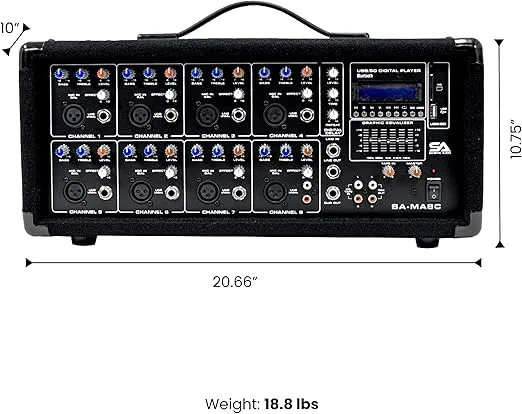 Seismic Audio - SA-MA8C - 8 Channel 400 Watt Powered PA Head Mixer with Bluetooth and Effects