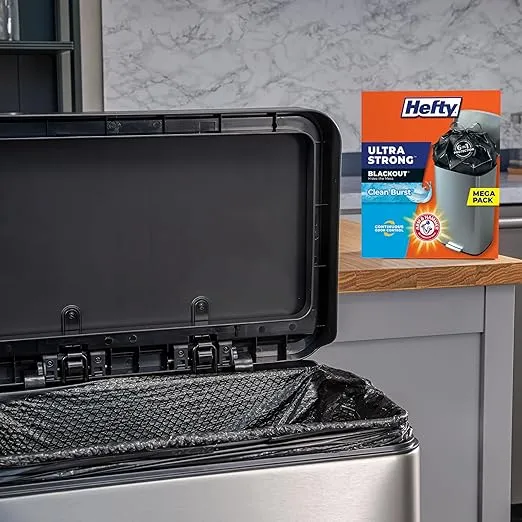Hefty Ultra Strong 13 Gallon Trash Bags, Black Tall Kitchen Trash Bags 13 Gallon Size, Break Resistant Drawstring Enclosure, Continuous Odor Control, Blackout, Clean Burst Scent, 80 Bags
