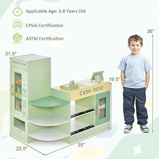 Costzon Kids Grocery Store Playset, Wooden Grocery Store Pretend Play with Chalkboard, Cash Register, Vending Machine, Play Food Accessories, Toddler Play Store, Gift for Boys & Girls (Green)