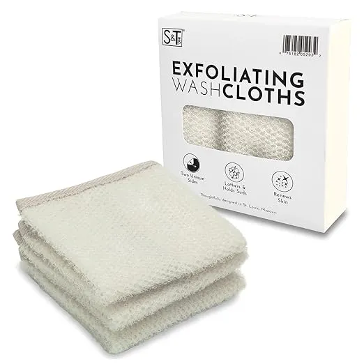 S&T INC. Exfoliating Washcloths, Dual Sided for Face and Body Scrub Towel, 9.9 Inch x 9.9 Inch, Cream, 3 Pack