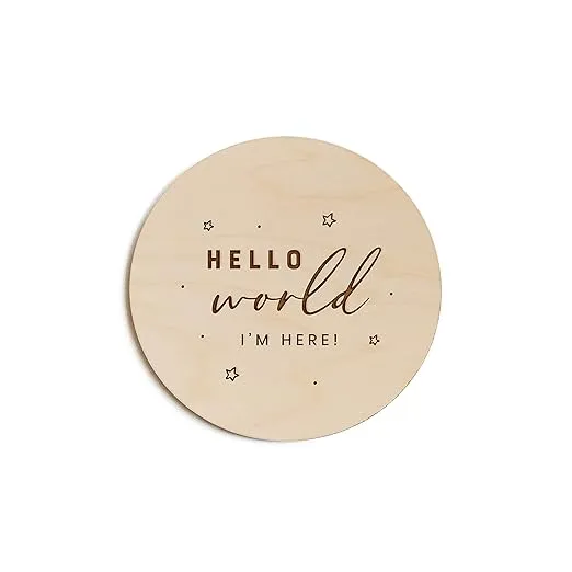 The Cotton & Canvas Co. Hello World I'm Here with Stars Newborn Baby Announcement, Nursery Sign, Nursery Decor, Baby Shower, Modern, Wooden Plaque, Birth Prop