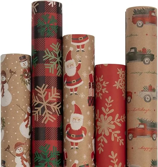 JAM Paper Assorted Gift Wrap - Christmas Kraft Wrapping Paper - 125 Sq Ft Total - Kraft Christmas Set - 5 Rolls/Pack