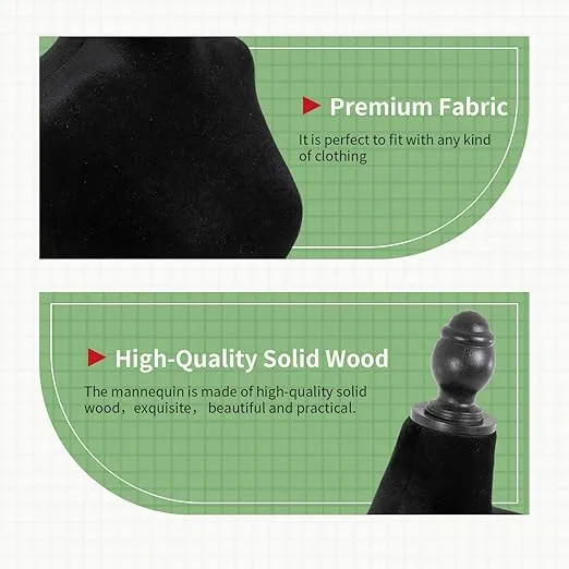 Mannequin Body Dress Form Torso Female Manikin 49.6-63.4 Inch Height Adjustable Wooden Tripod Stand High Density Foam Portable Display Mannequin (Black, 49.6-63.4 Inches)