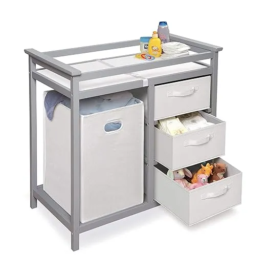Badger Basket Modern Baby Changing Table with Laundry Hamper, 3 Storage Drawers and Pad, Diaper Change Station - Gray/White