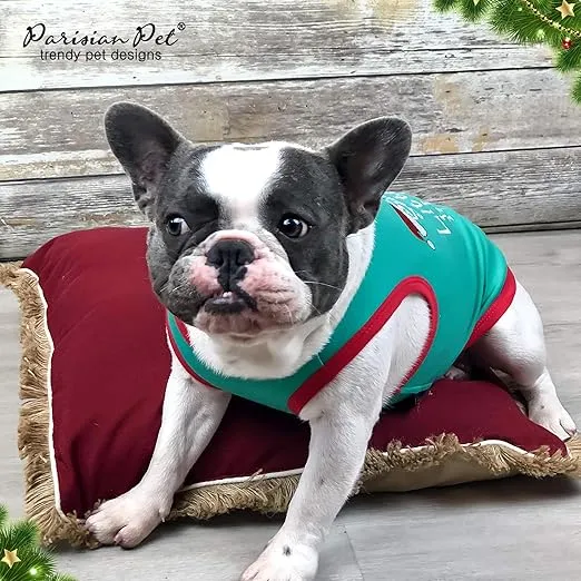 Parisian Pet Dog Tshirt - Embroidered “ Santa’s Little Helper “ Dog Shirt - Lightweight Cotton Dog Christmas Outfit - Sleeveless Christmas Dog Clothes - Dog Shirts for Small Dogs - XXS