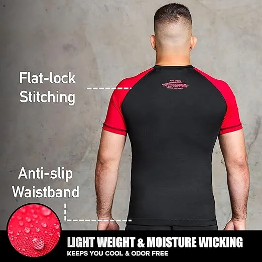Elite Sports Jiu Jitsu BJJ Rash Guards, Men’s BJJ, No GI, MMA Ranked Short Sleeve Compression Base Layer Rash Guard