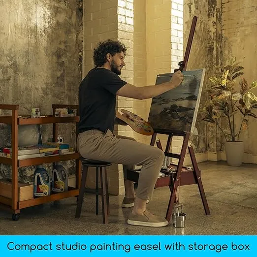 MEEDEN Studio H-Frame Easel with Art Supply Storage Drawer - Adjustable (60"~75") Wood Easel Stand for Artists, Adults and Students, Holds Canvas Art up to 35" - Deep Walnut