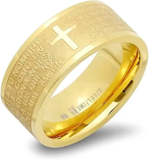 Steeltime Classic Stainless Steel Lords Prayer Ring Band in English or Spanish our father- Padre Nuestro