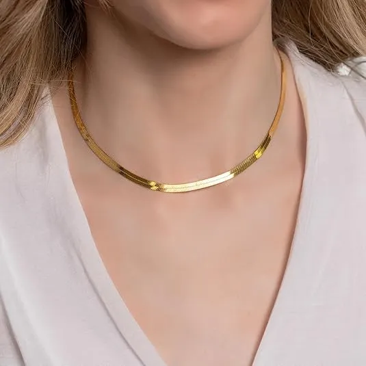 Herringbone Chain Necklace 18K Gold Over Italian 925K Stamped Solid Sterling Silver, Gold Vermeil, Yellow - White Color