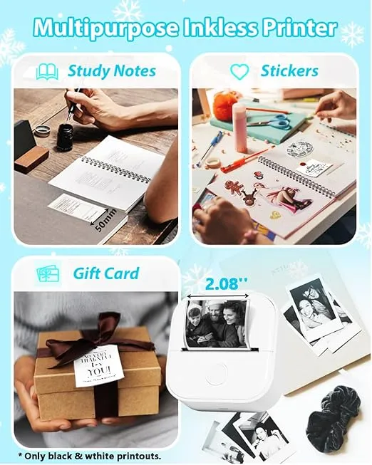 Phomemo T02 Mini Printer- Inkless Pocket Printer Sticker Maker Bluetooth Thermal Pocket Printer for Study Notes, Stickers, Photos, DIY Printing, White