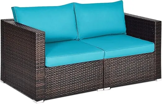 Tangkula Wicker Loveseat 2 Piece, Patio Furniture Couch with Removable Cushions, Rattan Loveseat Sofa for Balcony, Deck, Garden and Poolside