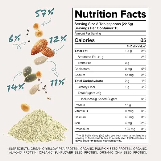 Complement Organic Unflavored Vegan Protein Powder (15 Servings) Low Carb, Low Calorie, Sugar Free, Soy Free, Non-GMO, Gluten Free, Non Dairy- Yellow Pea, Pumpkin Seed- 15g Plant Based Protein Powder