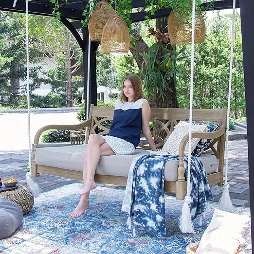 Renley Mahogany Wood Lime Wash Outdoor Swing Daybed with Oyster Cushion