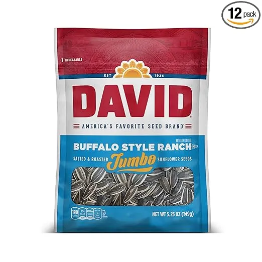 DAVID Seeds Buffalo Style Ranch Flavored Salted and Roasted Jumbo Sunflower Seeds, Keto Friendly Snack, 5.25 OZ Bags, 12 Pack