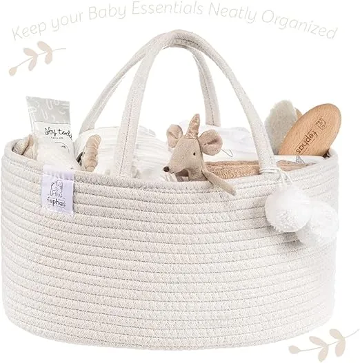 Baby Diaper Caddy Organizer- Off White Rope Nursery Storage Bin- Portable Diaper Storage Basket for Changing Table and Car- Perfect Baby Shower & Registry Gift
