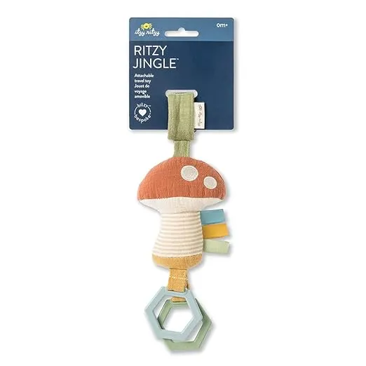Itzy Ritzy Jingle Travel Toy for Stroller, Car Seat or Activity Gym - Baby Hanging Toy Features Jingle Sound, Clinking Rings & Adjustable Attachment Loop (Mushroom)