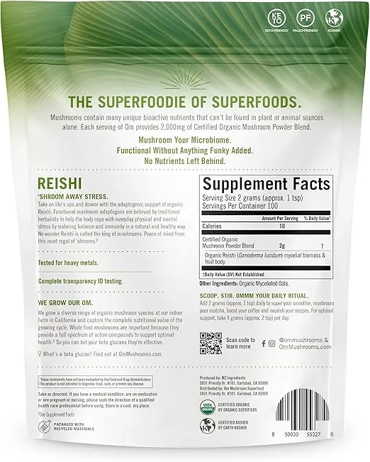 Om Mushroom Superfood Reishi Organic Mushroom Powder, 7.05 Ounce Pouch, 100 Servings, Adaptogen, Stress & Immune Support, Superfood Mushroom Supplement
