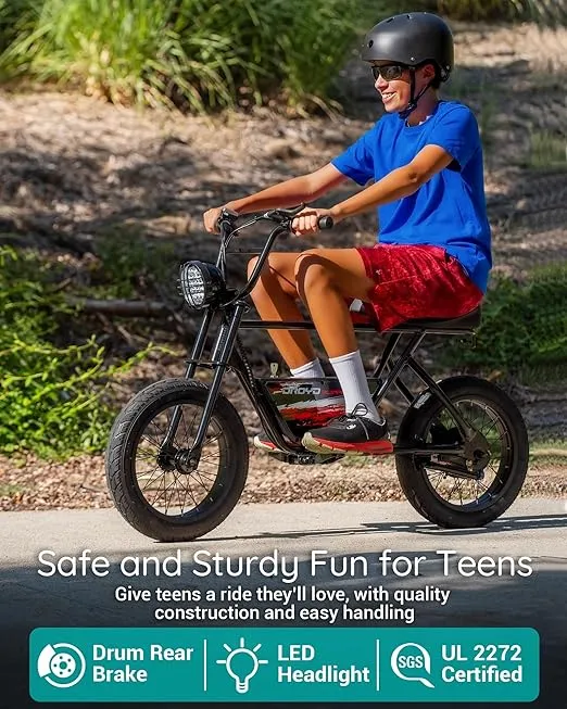 Droyd Blipper Electric Bike for Kids 13+, 250W Electric Mini Bike, 24V Lithium-Ion Battery w/Max Speed 12.5 Mph, Up to 12.5 Miles Range, Safe E Bike with Rear Drum Brake, 16" Tires and LED Headlight