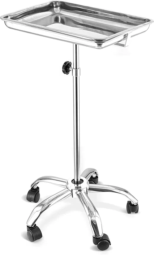 Houseables Mayo Stand, Mayo Tray, Medical Tray on Wheels, Esthetician Tray, Tattoo Tray, Hairstylist Tray, Salon Rolling Tray, Hair Salon Cart, Salon Tray, Stainless Steel, Adjustable Height 31”- 49”