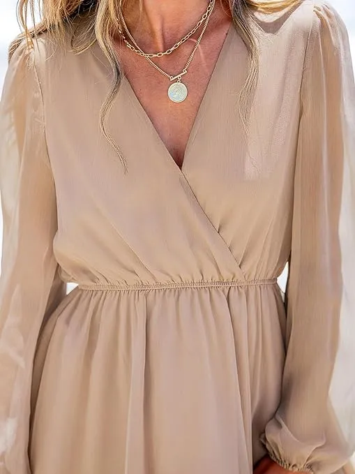 CUPSHE Fall Dresses for Women V Neck Chiffon A Line Mini Dress Long Peasant Sleeves Casual Dress